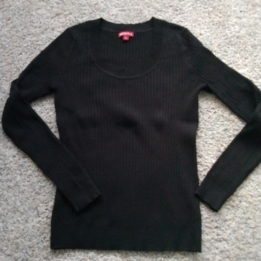 Women's Sexy Black Ribbed Scoop Neck Sweater L